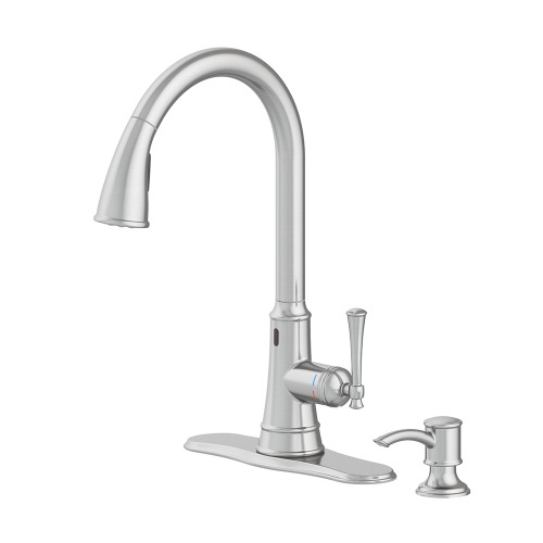 Photo of Hemming Single Handle Touchless Pulldown Kitchen Faucet with Soap Dispenser in Stainless Steel spot