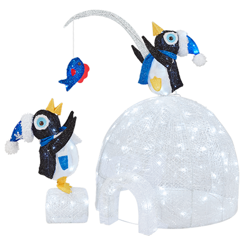 Icicle Shimmer 48 in. Christmas LED Lighted Tinsel and Acrylic Igloo with Fishing Penguins