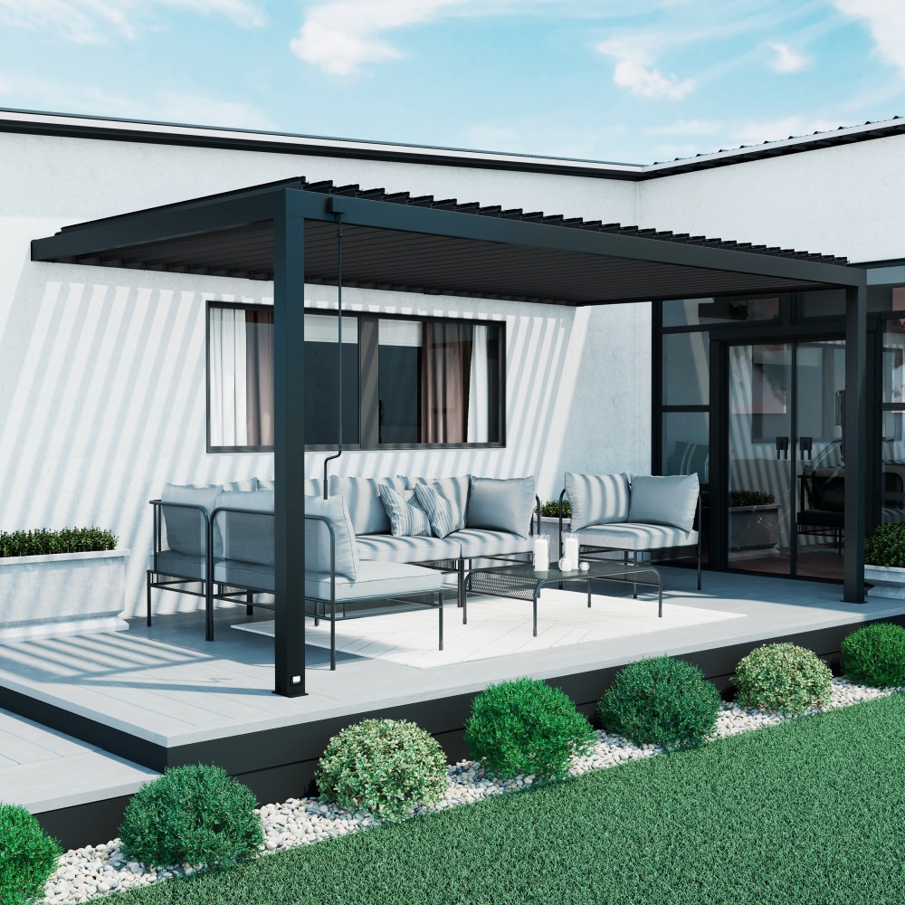 18x10 Evanston Steel Wall-Mounted Louvered Pergola