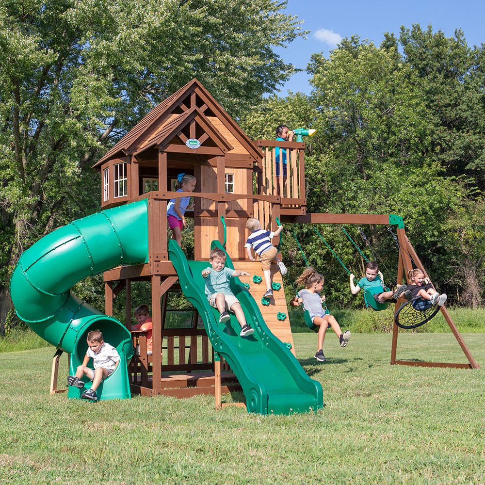 Skyfort Wooden Swing Set with Tube Slide