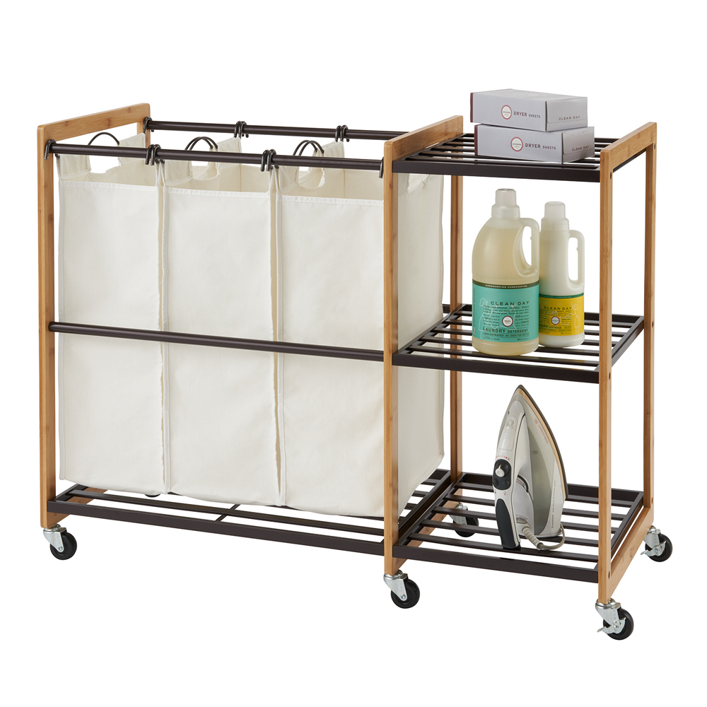 3-Bag Bamboo Laundry Station w/ Wheels