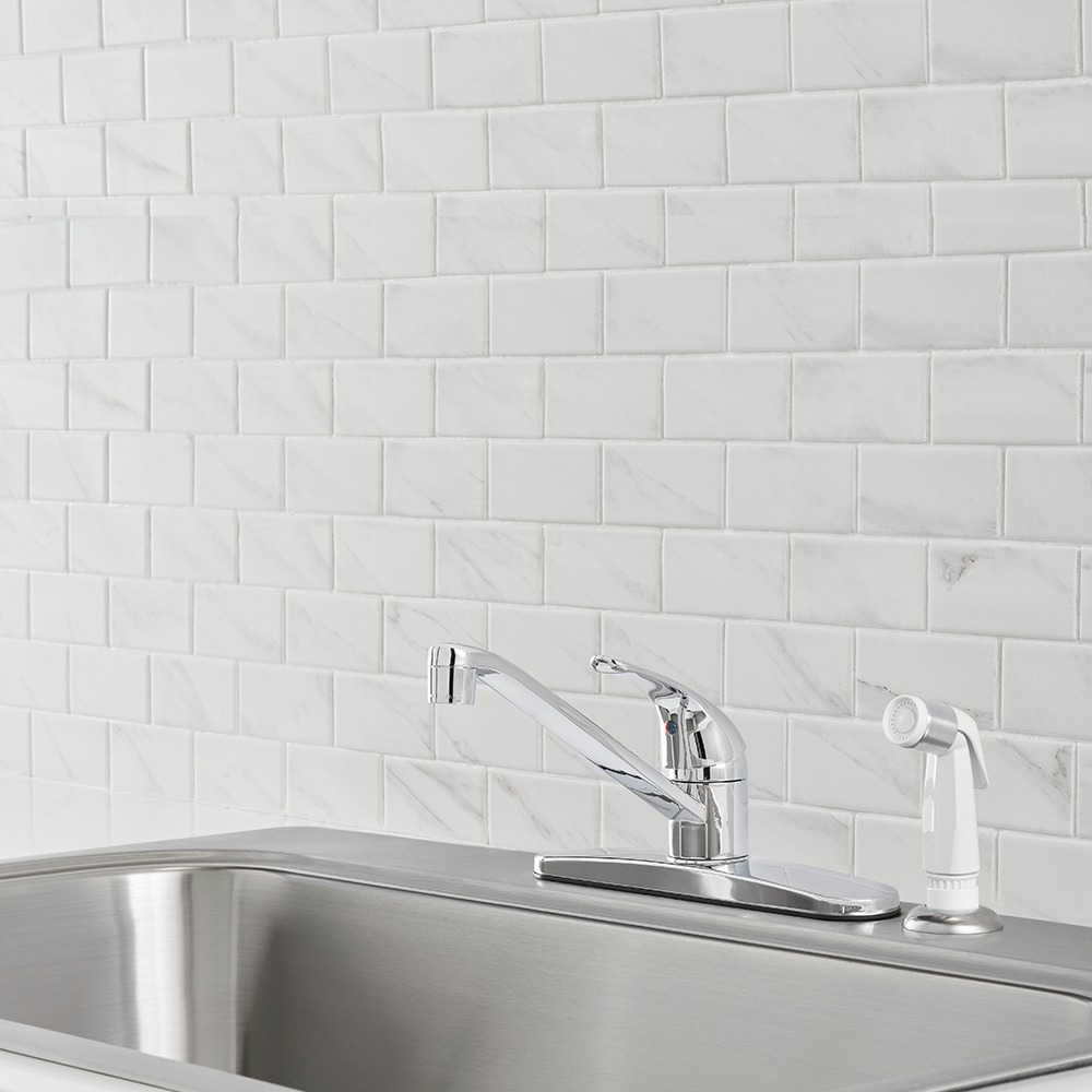 Single-Handle Standard Kitchen Faucet in Chrome with White Side Sprayer