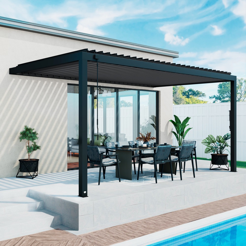 2407107 16x10 EVANSTON STEEL WALL-MOUNTED LOUVERED PERGOLA