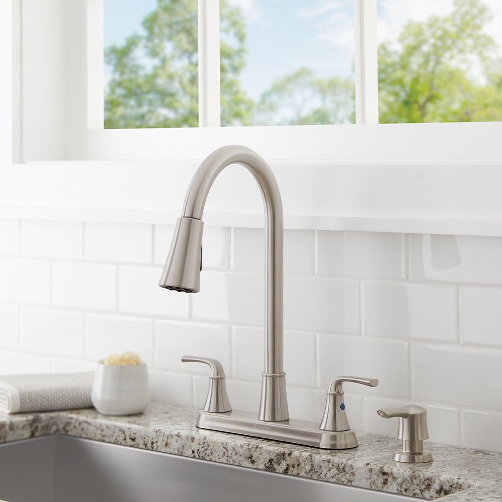 Sadira Two-Handle Pulldown Kitchen Faucet With Soap Dispenser