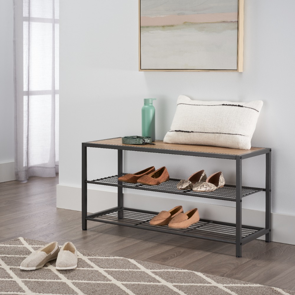 TRINITY Shoe Bench w/ Wire Shelves - Dark Gray