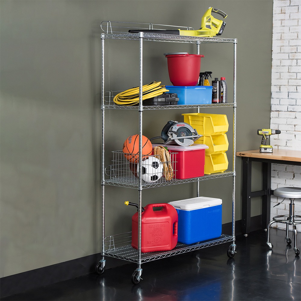 TRINITY EcoStorage 4-Tier NSF Wire Shelving Rack with Wheels.