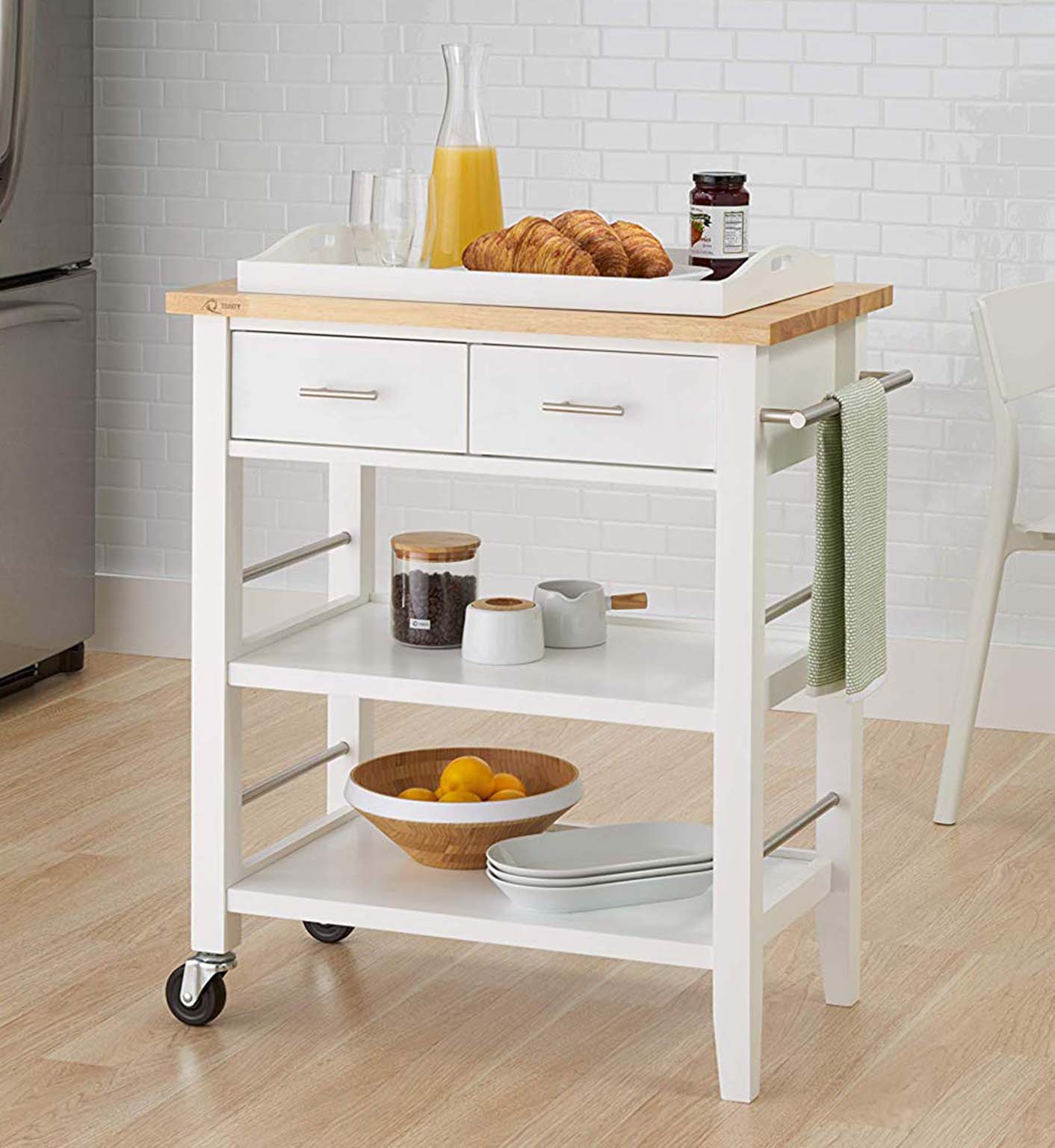 Wood Kitchen Cart with Drawers and Tray - White