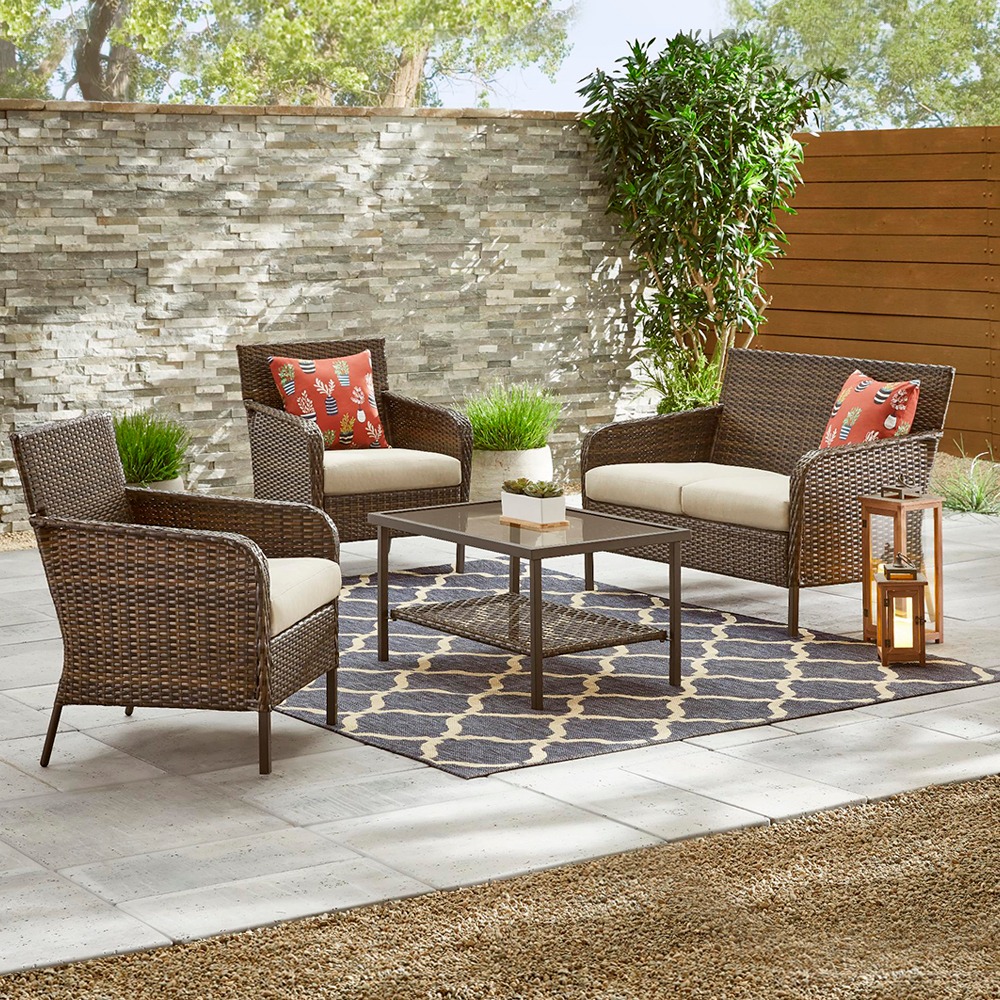 Gableton 4-Piece Steel Patio Wicker Conversation Set with Beige Cushions