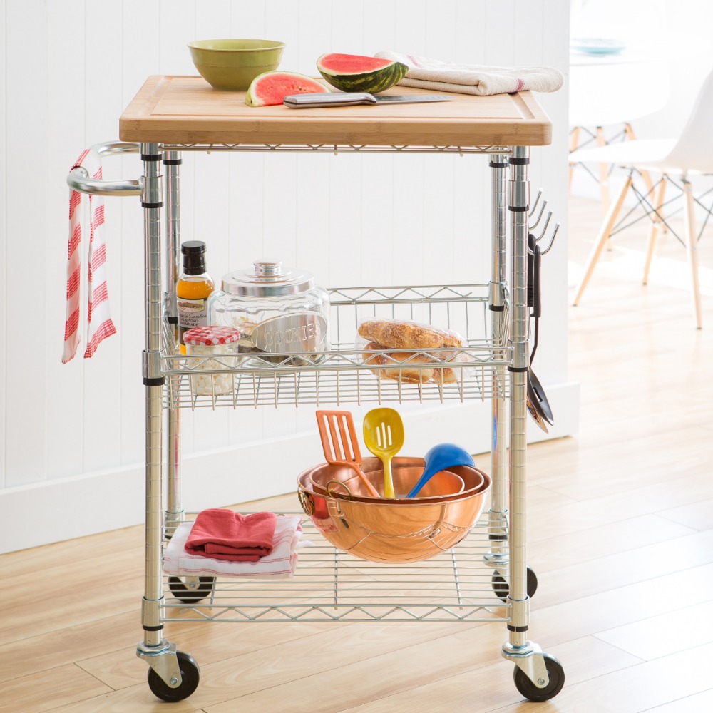 TRINITY EcoStorage® Bamboo Top Kitchen Cart - Chrome